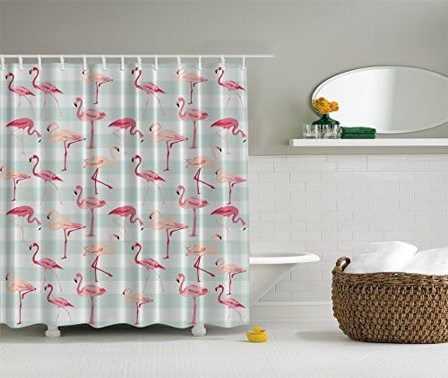 Think Yes Aqua Pink Tropical Beach Flamingo Gift Fabric Shower Curtain Art Bathroom