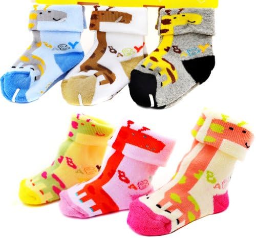 Renineic Baby-Girls Baby-boys Newborn Infant Toddler Giraffe Pattern Animal Socks , 3 Pairs (0-6 Months) (Girls)