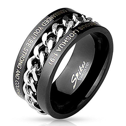 STR-0490 Stainless Steel Chain Center with Bible Words Engraved Black IP Ring
