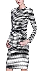 Round Neck Sheath Long Sleeves Belted Knee Length Fall Polyester Houndstooth Print  Dress