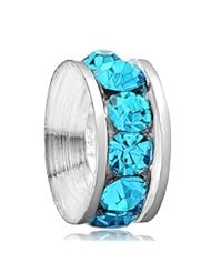Sports: Birthstone Jewelry Silver Plated Crystal Round Ring Charm Bead Compatible With Charms Bracelet (Aquamarine Blue) - CharmingJewelry