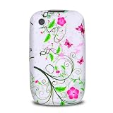 White with Green Hot Pink Flower Soft Silicone Skin Gel Cover Case for Blackberry Curve 8520 8530