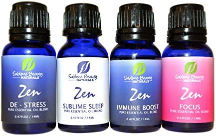 Zen Blend Aromatherapy Starter Kit (4): Zen Sublime Sleep, De-Stress, Focus &amp; Immune Boost. Topical + Inhale for Improved Wellness. Each Bottle is 0.47 ounces.