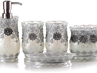 5 Piece Bath Collection Set Resin Material Silver Color,Bath Ensemble, Bath Accessory Set