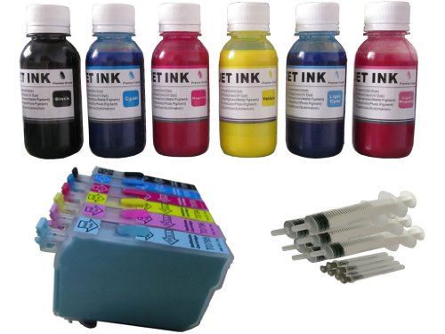 ND TM Brand Dinsink-Pre-filled Sublimation Ink Refillable Cartridges for Epson 79 T079 (non-OEM) : Stylus Photo 1400 Artisan 1430 Printer + 600 ml (20 oz.) ND Brand Anti-UV Sublimation Ink for Heat Transfer / Heat Press - Speically formulated for Epson + 6 Ink Refilling Syringes with Needles. The item with Nd Logo! On Sale