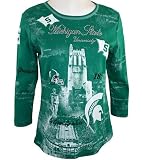 P-Michael Collegiate Apparel Womens Fashion Top, 3/4 Sleeve, Scoop Neck, Vividly Printed in School Colors, School Name Accented in Rhinestones - Michigan State