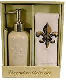 Fleur de Lis Ceramic soap dispenser and towel set in gift box