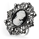 Large Filigree Crystal Cameo Cocktail Ring (Black Tone)