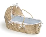 Natural Hooded Moses Basket with Blue Waffle Bedding by Badger Basket