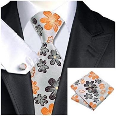 Gray Orange Brown Floral Classic Silk Necktie Tie Hanky and Cufflinks Set For Men
