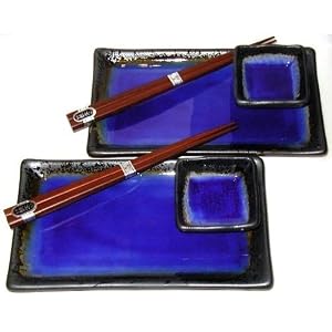 Japanese Cobalt Blue Kosui 6 Piece Sushi Plate Set for Two