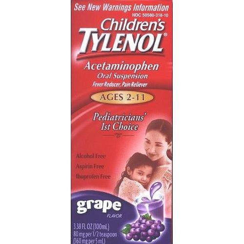 Tylenol Children's Pain Reliever/Fever Reducer, Oral Suspension, Grape Flavor, 3.38 oz.