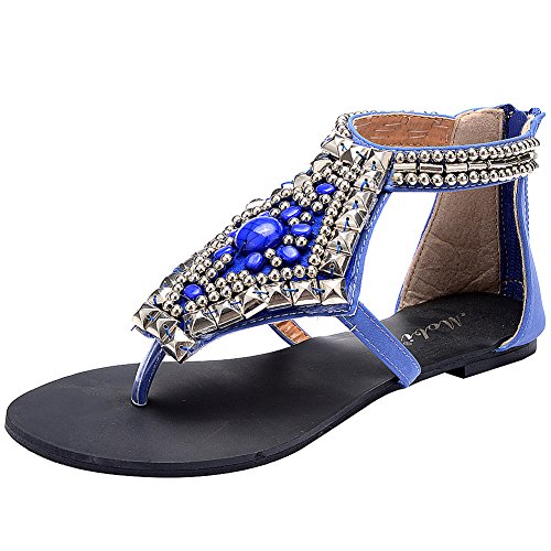 Odema Summer Bohemian Rhinestone Stud Beaded Flat Womens Beach Thong Sandals