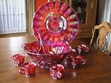 Ruby Red Carnival Glass Deluxe Punch Bowl Platter Cups & Ladle Set