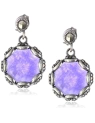 Sterling Silver Oxidized Dyed Purple Quartzite and Marcasite Round Drop Earrings
