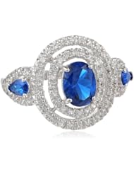 Halo Sterling Silver Oval and Pear Created Ceylon Sapphire Round Created White Sapphire Ring, Size 7