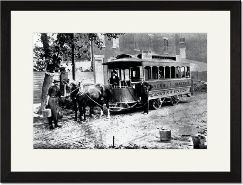 Black Framed/Matted Print 17x23, Three Men and Trolley, Philadelphia, PA