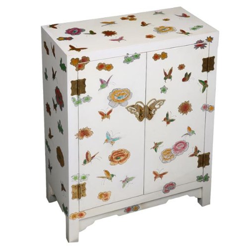 EXP Handmade Asian Furniture 29-Inch White Lacquer Chinese Storage Cabinet with Spring Romance Motif