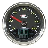 Zoom Produkt-Bild: Drehzahlmesser/Tacho SIP f&uuml;r Vespa P80-150X/PX80-200 E /P200E, rund, &Oslash; 85mm, -199km/h bzw. 125mph, Ziffernblatt: schwarz, Ziffe.. ..rn: gelb, digital, 0-12.000 U/min analog /digital, &Oslash; km/h, km/Tag, Temperaturanzeige bis 250&deg;, Uhr, Tachoring Edelstahl, Made by KOSO