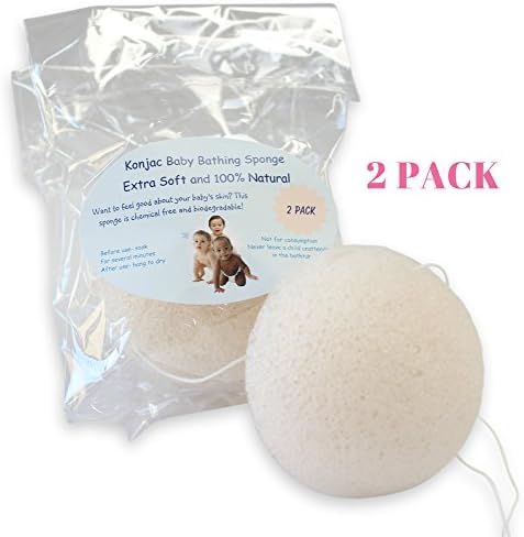 Konjac Baby Bath Sponge- 2 Pack, 100% Natural, Soft and Gentle, Healthy Alternative to Washcloths, Fragrance Free, Biodegradable,