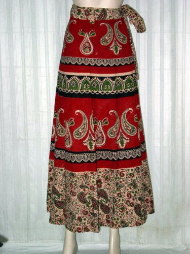 Free Shipp Bohemian Hippie Hot & Sexy Apricot with Red Paisley Print Cotton Wrap Around Skirt 40″ Length