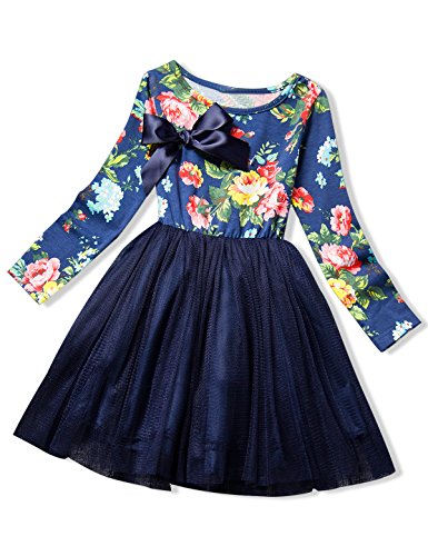 NNJXD Girl Tulle Long Sleeve Printed Bowknot Formal Casual Dress Size 4-5 Years Blue