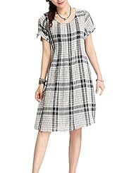 A-line Short Sleeves Asymmetric Illusion Cotton Plaid Print  Dress
