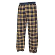 Navy Blue and Gold (Yellow) tartan plaid check flannel cotton pants for lounging, sleep, sports. Unisex relaxed fit, exposed elastic waist