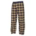 Navy Blue and Gold (Yellow) tartan plaid check flannel cotton pants for lounging, sleep, sports. Unisex relaxed fit, available in 3 Youth sizes, exposed elastic waist