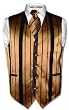 Men's Dress Vest & NeckTie Gold & Black Woven Stripe Design Set for Suit or Tuxedo