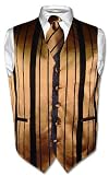 Men's Dress Vest & NeckTie Gold & Black Woven Stripe Design Set for Suit or Tuxedo