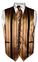 Men's Dress Vest & NeckTie Gold & Black Woven Stripe Design Set for Suit or Tuxedo