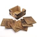 6 Hand Carved Wooden Burnt Wood Style Coasters & Holder