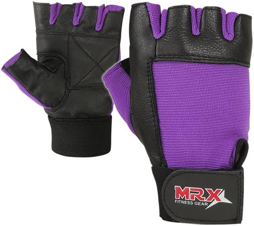Weight Lifting Leather Glove with Long Wrist Strap Purple