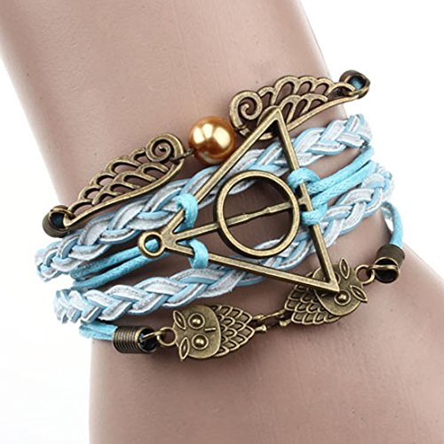 Doinshop Infinity Love Heart Pearl Friendship Antique Leather Charm Bracelet (light blue)