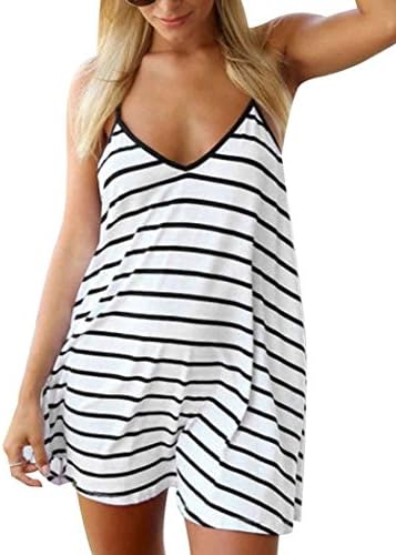 Haoji Women's Sexy Spaghetti Strap Striped Beach Cover Up Mini Dress