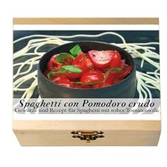 SPAGHETTI CON POMODORO CRUDO Gew�rz - Kasten f�r leichten Genuss. 8 Gew�rze befinden sich in einer dekorativen Holzkiste. -- Beinhaltet die Geschichte des Gerichtes, eine Inhaltsbeschreibung der Gew�rze, das Originalrezept und eine Einkaufliste. Ein ideales Geschenk f�r Kochk�nstler & Hobbyk�che, solche, die es werden wollen und alle, die neugierig auf fremde Welten sind. Ma�e: 11,4 x 9,5 cm, 3,4 cm hoch