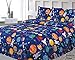 Three (3) Piece Twin Size Print Sheet Set with Fitted, Flat and 1 Pillow Case, Space Planets Rockets Blue Multicolor Boys Kids Bedding Sheets