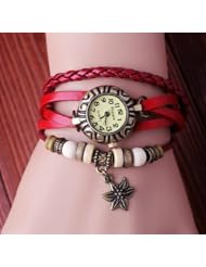 Red Color Quartz Fashion Weave Wrap Around Leather Bracelet Lady Woman Wrist Watch