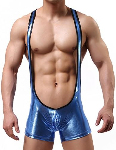 Nine NY Mens Sexy Faux Leather Lingerie Bodysuit Wrestling Singlet Blue
