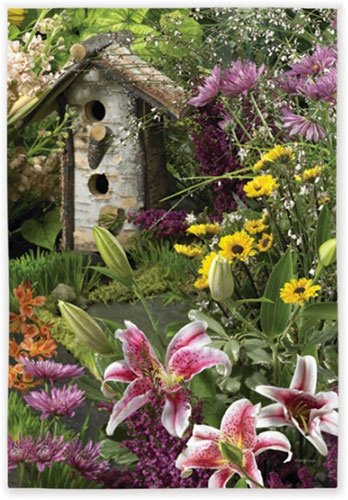 Birdhouse and Flowers Garden Flag