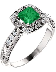 18K White Gold 5.00x5.00mm Princess Cut Chatham Created Emerald and Diamond Ring -- LIFETIME WARRANTY