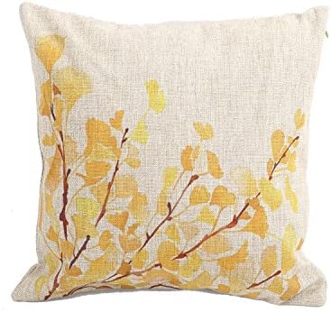 Createforlife Home Decor Cotton Linen Square Pillowcase Yellow Flower Tree Printed Throw Pillow Sham Cushion Cover 18" x 18"