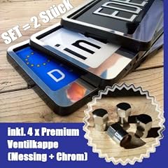 EDELSTAHL Kennzeichenhalter SET (2 St�ck) INOX BLING Premium KlappRahmen Nummernschildhalter Material V2A RVS Top Front App Design inkl. 4 x verchromten Ventilkappen (Messing + Chrom) + Edelstahl Befestigungsmaterial. F�r alle 520 x 110 mm Auto Kennzeichen (nicht f�r �sterreich!)