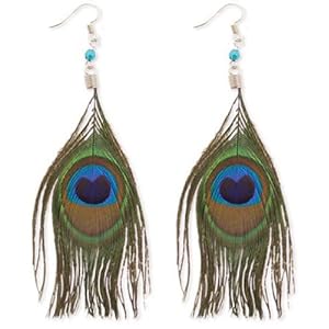 ZAD Long and Elegant Peacock Feather Hook Earrings on Silver Fish Hooks and Blue Beaded Accent