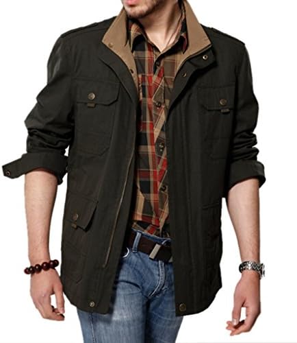 Shanmou Men's Stand Collar Multiple Pockets Zip Up Autumn Coat(Army Green, L)