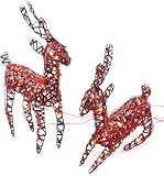 Produkt-Bild: KANGaROO 81555 Rentier stehend, 58 cm beleuchtet mit 10 Lichtern aus Rattan rot, sowie Rentier liegend, 43 cm beleuchtet mit 10 Lichtern aus Rattan rot