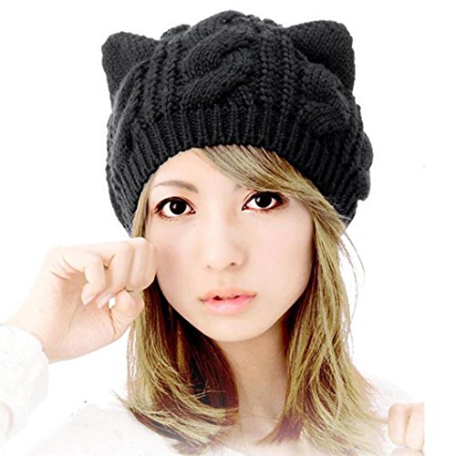 DEESEE Beanie Hat Unisex Baggy Beret Winter Warm Cat Ears Hemp Knitted Hat
