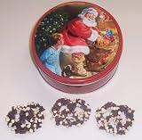 Scott's Cakes 1 lb. Dark Chocolate Covered Pretzel with Chocolate Chips & White Chocolate Chips in a Santa Tin