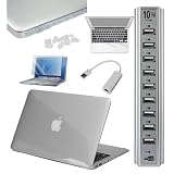 Premium Skque Clear Hard Plastic Crystal Case + 11.6 Inch Screen Protector + Palm and Track Pad Protector + USB to RJ45 LAN Ethernet Network Adapter + 10 Port High Speed USB 2.0 Hub + Clear Anti Dust Plug Cover for Apple MacBook Air 11.6